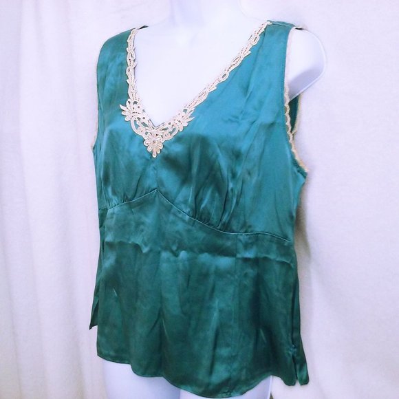 New NWT Liz Claiborne Silk Baby Doll Camisole Tank Top -L Side-Zip Lace Teal - Picture 1 of 11